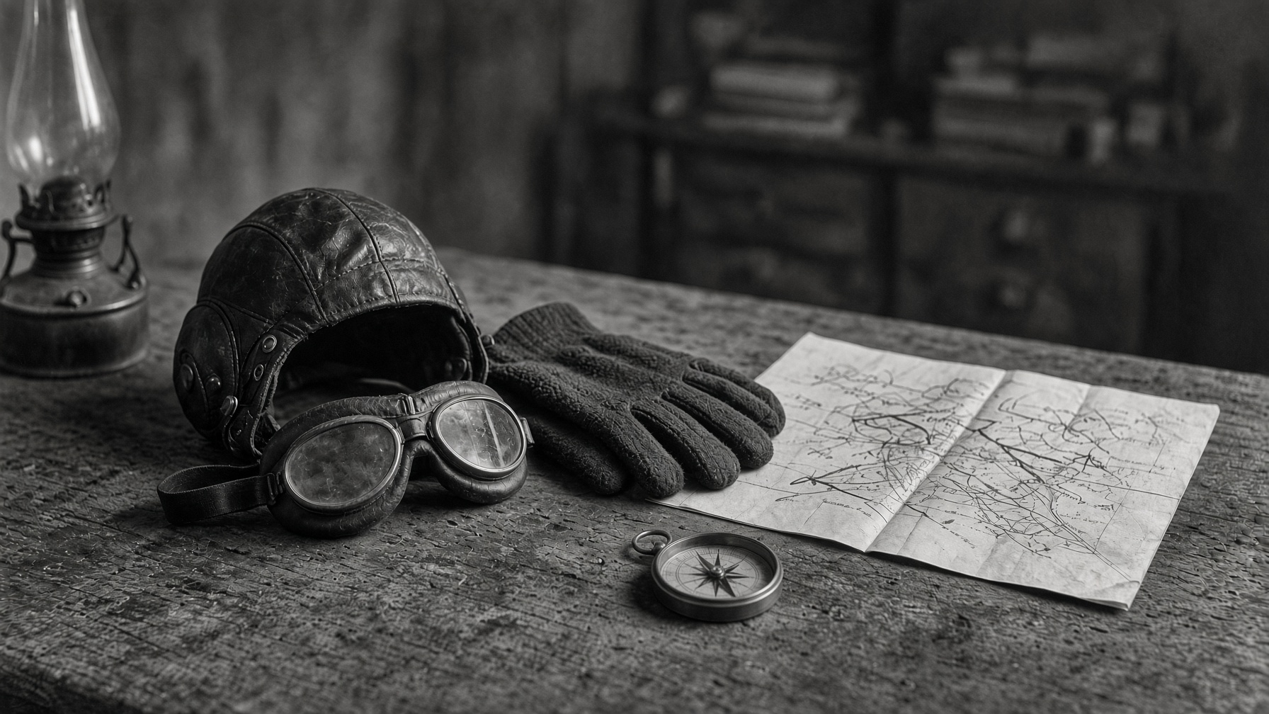 Fliegerhelm, Brille und Karte, 1917